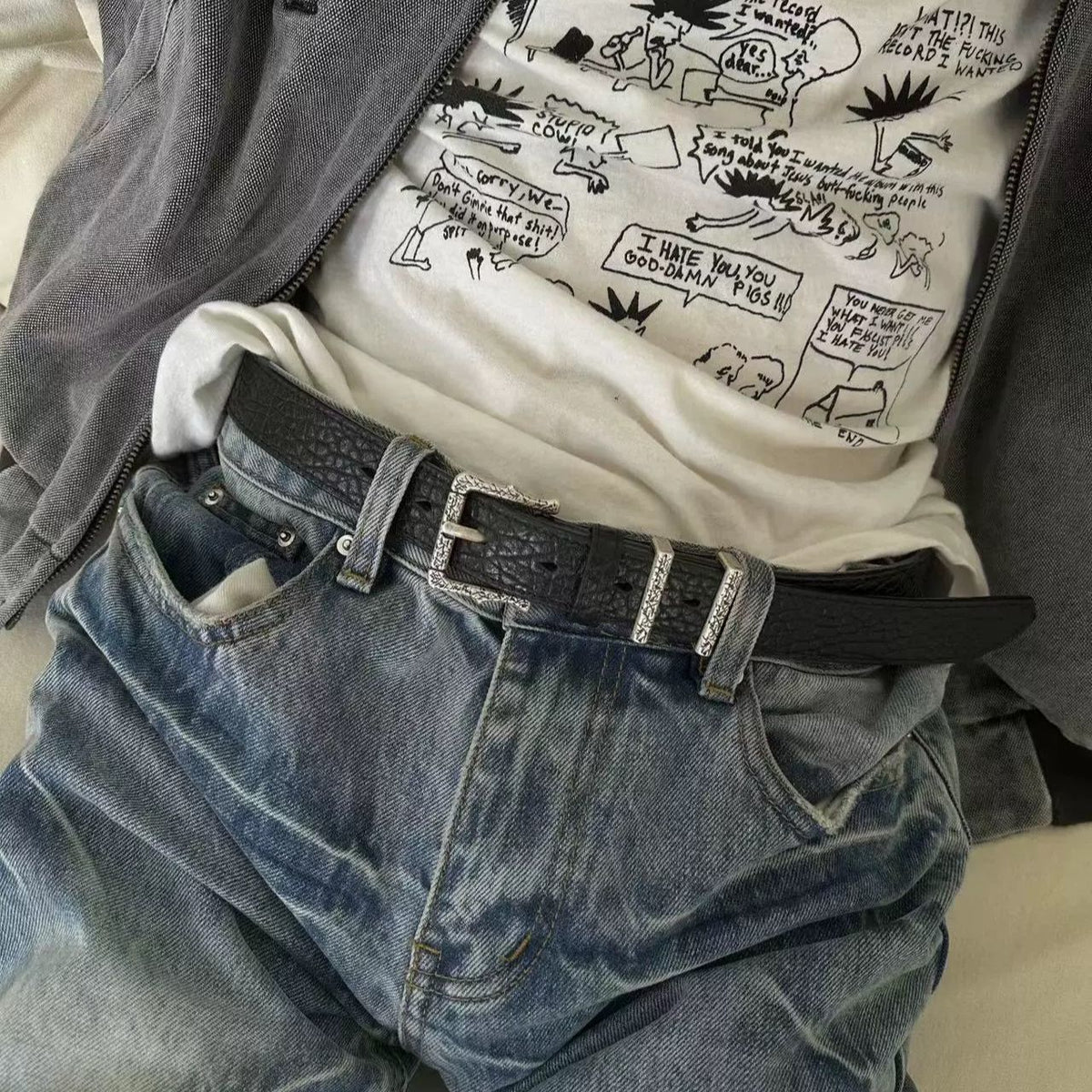 FDM Wave Vintage Antique Silver Buckle Full Grain Leather Belt Unisex